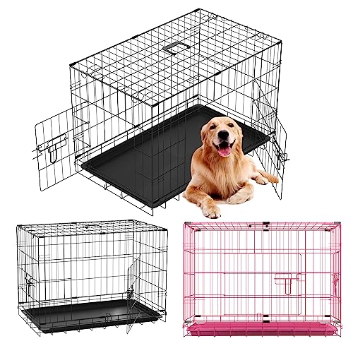 61 cm große Hundebox für Haustiere, zusammenklappbar, 2 Türen, Welpen-Transportkäfig mit kauresistenter Kunststoff-Bodenwanne und Tragegriff
