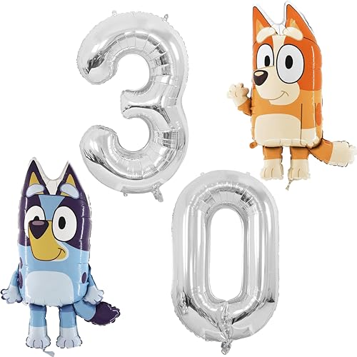 Toyland® Bluey & Bingo Folienballon-Set – 2 x 81,3 cm Charakterballons & 1 x 101,6 cm Zahlenballon – Erwachsenen-Geburtstagsparty-Dekorationen