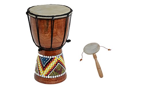 70cm Standart Djembe Trommel Bongo Drum Holz Bunt Bemalt + Handtrommel Rassel R6