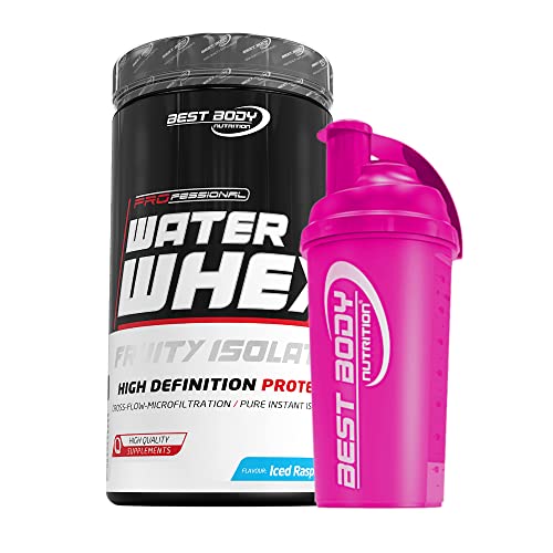 460 g Best Body Nutrition Water Whey Fruity Isolate (Iced Raspberry) Molkenprotein + Protein Shaker (pink)