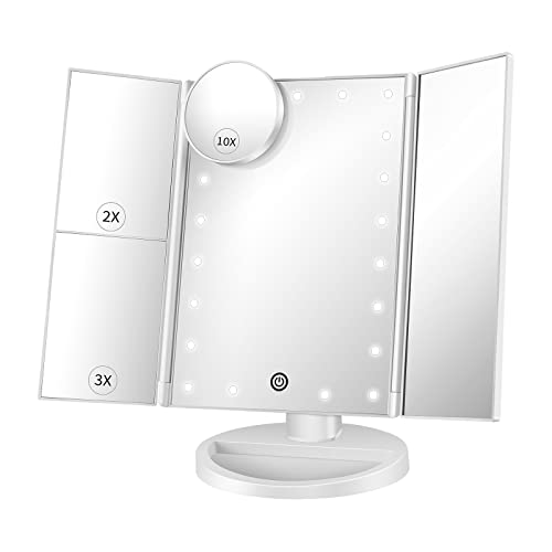 Beleuchteter Schminkspiegel - mit 10X 3X 2X Vergrößerung, dreifach gefaltetem Spiegel mit Lichtern, Touchscreen-Schalter, um 180° verstellbarem Ständer, doppeltem Netzteil, Tischspiegel (weiß)