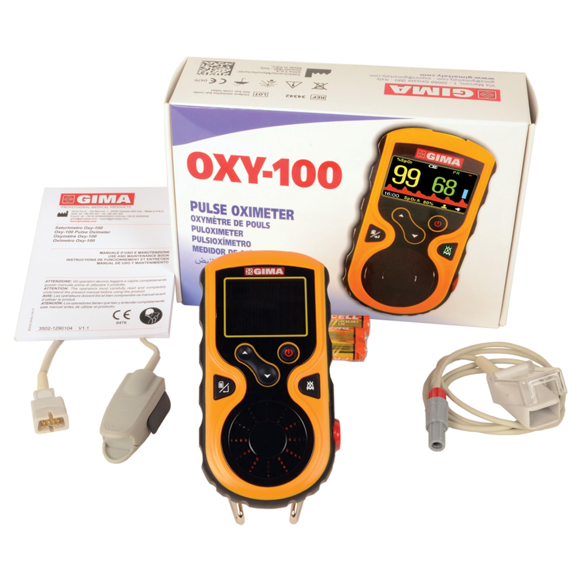GIMA OXY-100 PULSOXIMETER, Tragbares und professionelles Fingerpulsoximeter, erfasst die Sauerstoffsättigung, den Herzfrequenz und die Blutperfusion, umfasst 3 AAA-Batterien, Hinterleuchteter