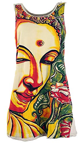 Guru-Shop Mirror Top, Longshirt, Minikleid, Damen, Dreaming Buddha/Elfenbein, Baumwolle, Size:L (40), Bedrucktes Shirt Alternative Bekleidung