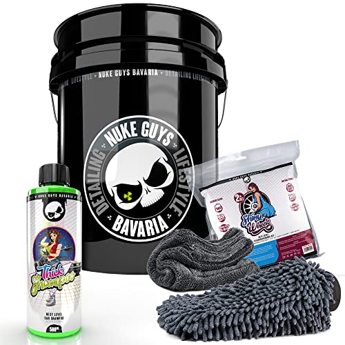 Nuke Guys Auto Wasch Eimer Set Skull Bucket 5GAL + Thick Shampoo 0,5L + Shiny Wheels Mikrofaserset Waschhandschuh & Trockentuch