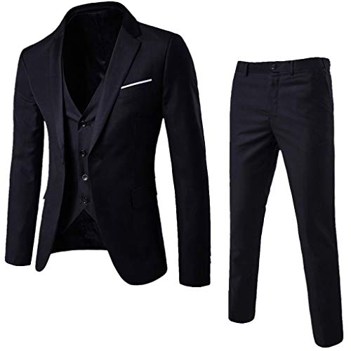 Xmiral Jacke Herren Einfarbig Dreiteiliger Anzug Weste+Anzug+Hose Slim Fit Formelle Kleidung für Party Hochzeit Geschäft(Schwarz,L)