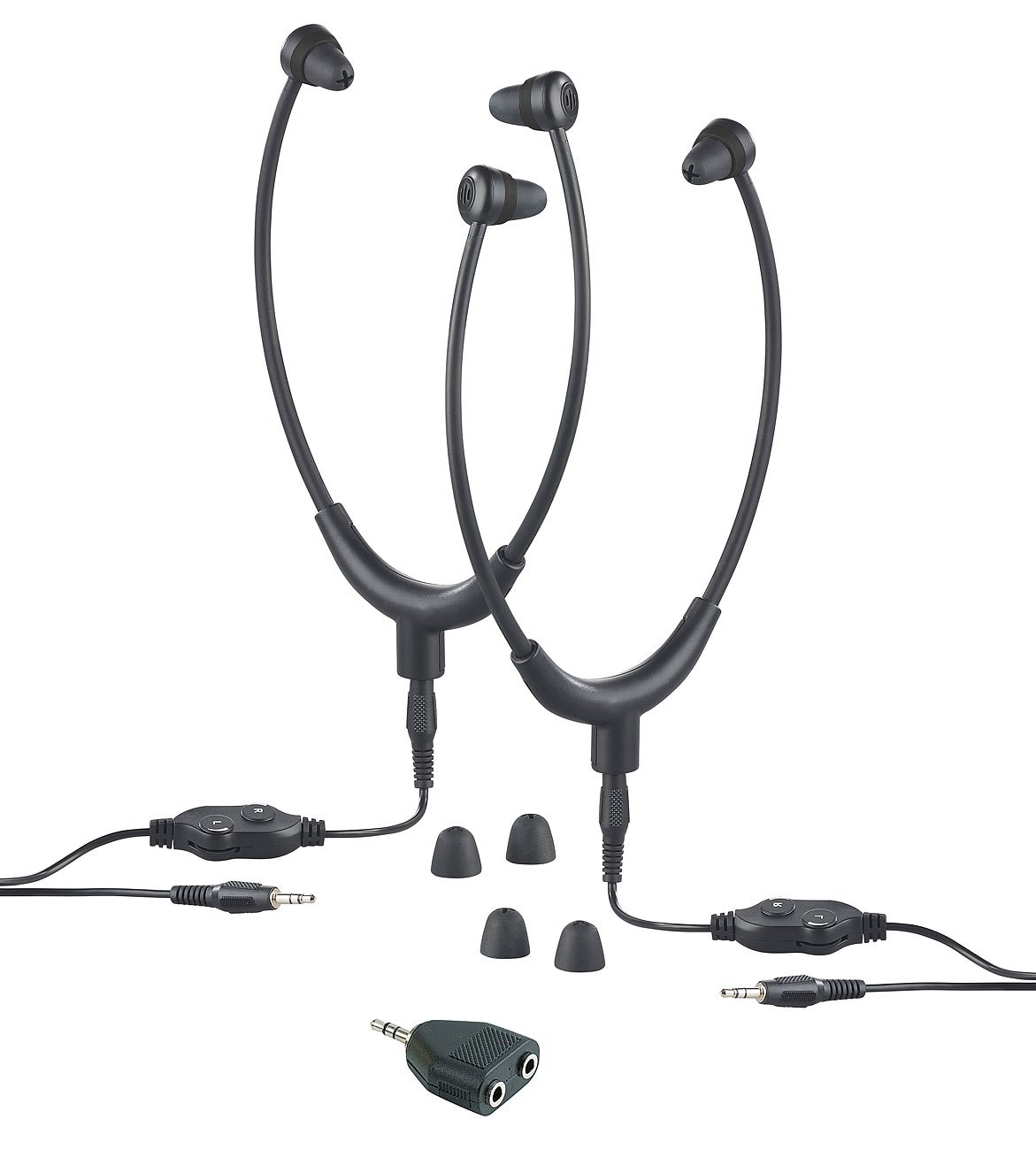 Newgen Medicals Kopfhörer für TVs: 2 TV-Kinnbügel-Kopfhörer, Stereo-Verteiler, 3,5-mm-Klinke, bis 117 dB (Kopfhörer mit Kabelfernsteuerung, Kopfhörer mit Audiokabeln)