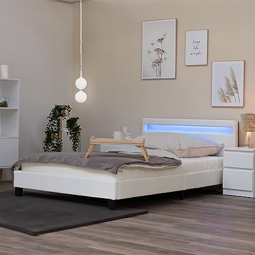 Home Deluxe - LED Bett Astro - Weiß 140 x 200 cm inkl. Ortho Basic Matratze I Polsterbett Design Bett inkl. Beleuchtung