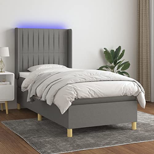 BAZZI Boxspringbett 100 x 200 cm mit Matratze und Led Bett Komplett Polsterbett mit Matratze Schlafzimmerbett Doppelbett Komplett Dunkelgrau-39 Bett Bettrahmen Lattenrost Jugendbett Stoff