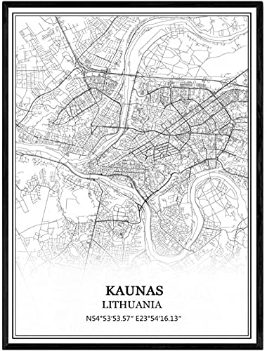 YMXCNM Leinwand Bilder, Kaunas Litauen Karte Wandbilder Drucke Poster Schwarz Weiß Gemälde Kunst Rechteck Pop Wandmalereien Kunstwerk Für Home Decor, 30X40Cm / 11.81X15.74 In