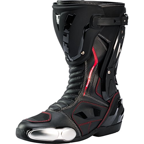 FLM Motorradschuhe, Motorradstiefel lang Motorradschuhe, Knöchelschutz, Belüftungssystem, Lüftungsschlitze, griffige Gummisohle, antimikrobielle Funktion, hochschlagfeste Schienbeinplatte, Schwarz 41