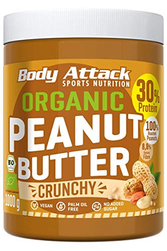 Body Attack Organic Peanut Butter Crunchy, 6x1kg ohne Zuckerzusatz mit Stückchen Peanut Butter