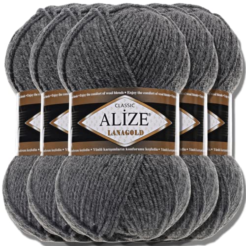Alize 5x 100g Lanagold Classic Türkische Premium Wolle Baumwolle und Acryl Uni Handstrickgarne | Yarn | Garn | Strickgarn Einfarbig Baby zum Häkeln Stricken Schals (Medium Grey Melange | 182)