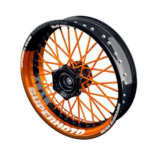 OneWheel Felgenaufkleber Motorrad passend für alle 17 Zoll Supermoto Felgen - Vorder- und Hinterrad beidseitig inkl. Farbiger Spokes - V9 - Felgenrandaufkleber (orange)