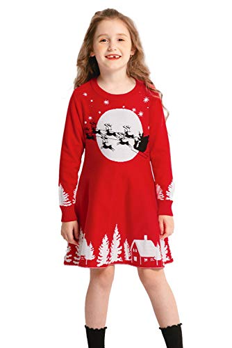 ZHUANNIAN Warmes, geripptes Strickkleid für Mädchen mit Rentier- und Schneeflockenmotiv, Weihnachtsmann-Geschenk Gr. 8-9 Jahre, Rot 2
