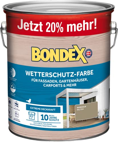 Bondex Wetterschutz Farbe Marehalm (RAL7034) 3 L für 27 m² | Extreme Deckkraft | Hervorragende Witterungsbeständigkeit | seidenglänzend | Holzschutzfarbe | Holzfarbe