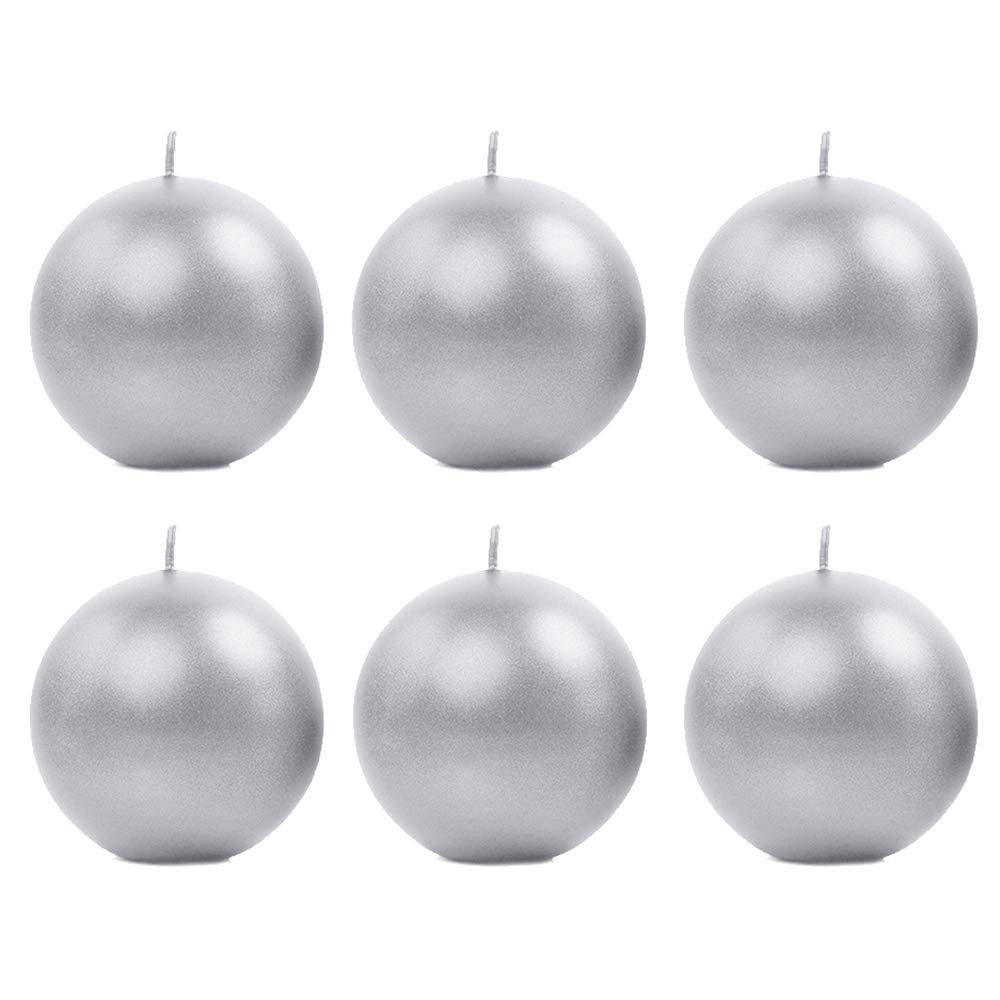 6 Stück Metallische Runde Kerzen in Silber 8cm Kugelkerzen Deko
