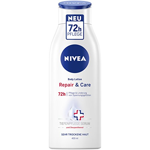 NIVEA Repair & Care Body Lotion im 3er Pack (3 x 400 ml), Körpercreme für 72h Pflege & Linderung von Spannungsgefühlen, Hautcreme mit Dexpanthenol