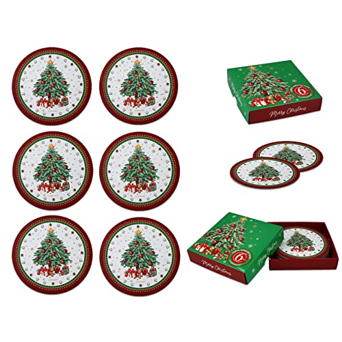 CARMANI - Korkuntersetzer rund 6 Stück Korkmatte / Untersetzer verziert mit Weihnachtsbäumen