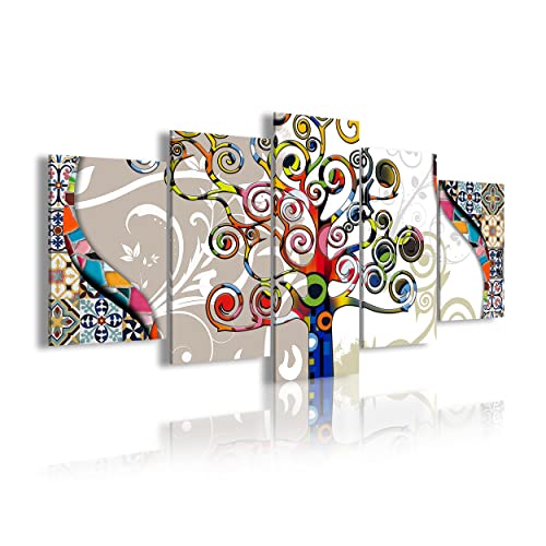 DekoArte 482 - Modernes Bild, digitalisierter Kunstdruck | Dekoratives Bild für den Salon oder das Schlafzimer | Abstrakter Stil Lebensbaum von Gustav Klimt | 5 Teile 200 x 100 cm XXL