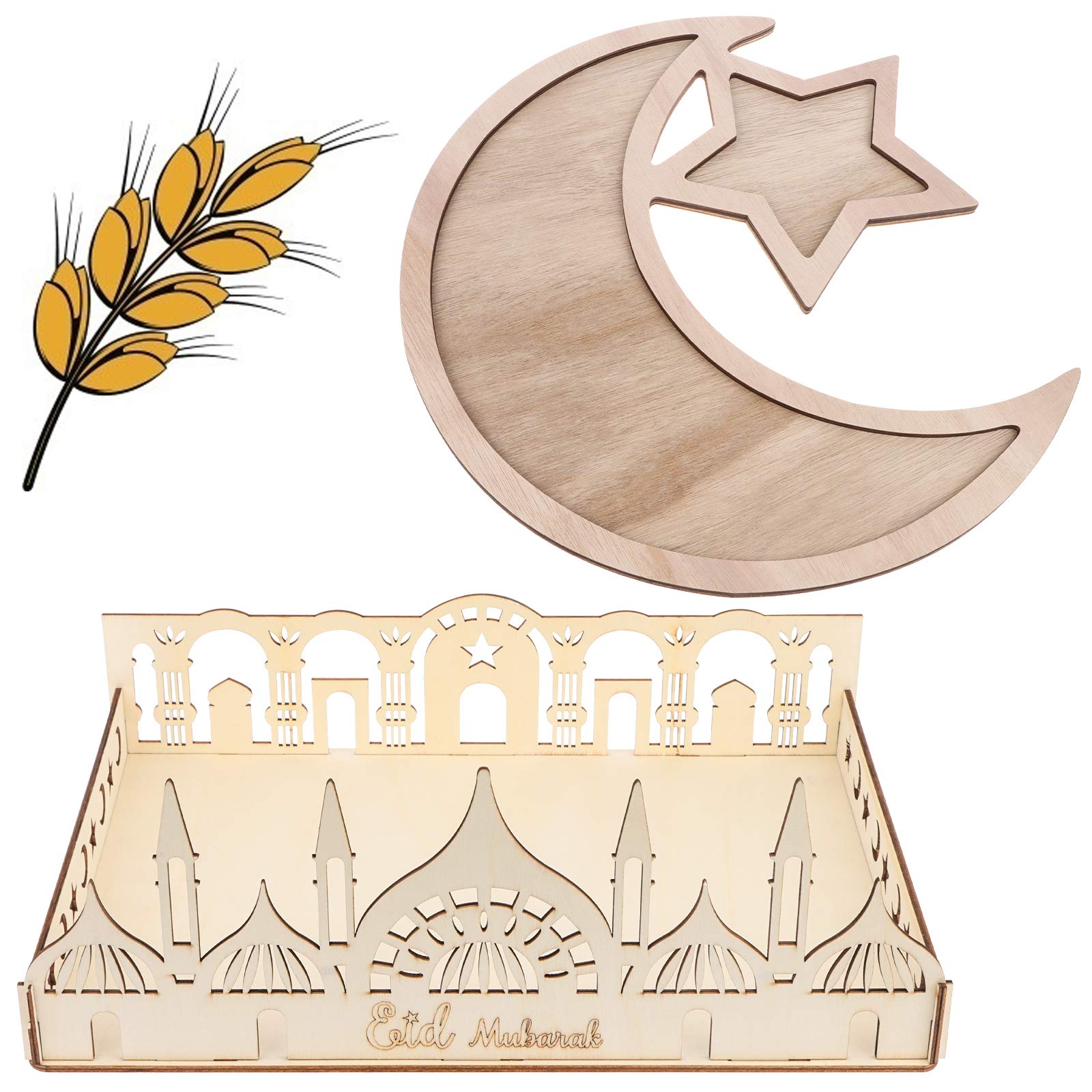TIANTIAN Ramadan-Tablett, Teller für Zuhause, Eid Mubarak, Party, Essen, Anzeigetafel, Mond, Sterne und Moschee, Stil, Holztablett, Kunstwerk für Ramadan, Tischdekoration