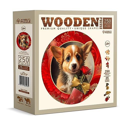 WOODEN.CITY Holzpuzzle - Geschenk und Hund 250 Teile - Einzigartige Ausgefallene Puzzles mit Tierformen - Herausforderndes Holzmosaikpuzzle für Erwachsene