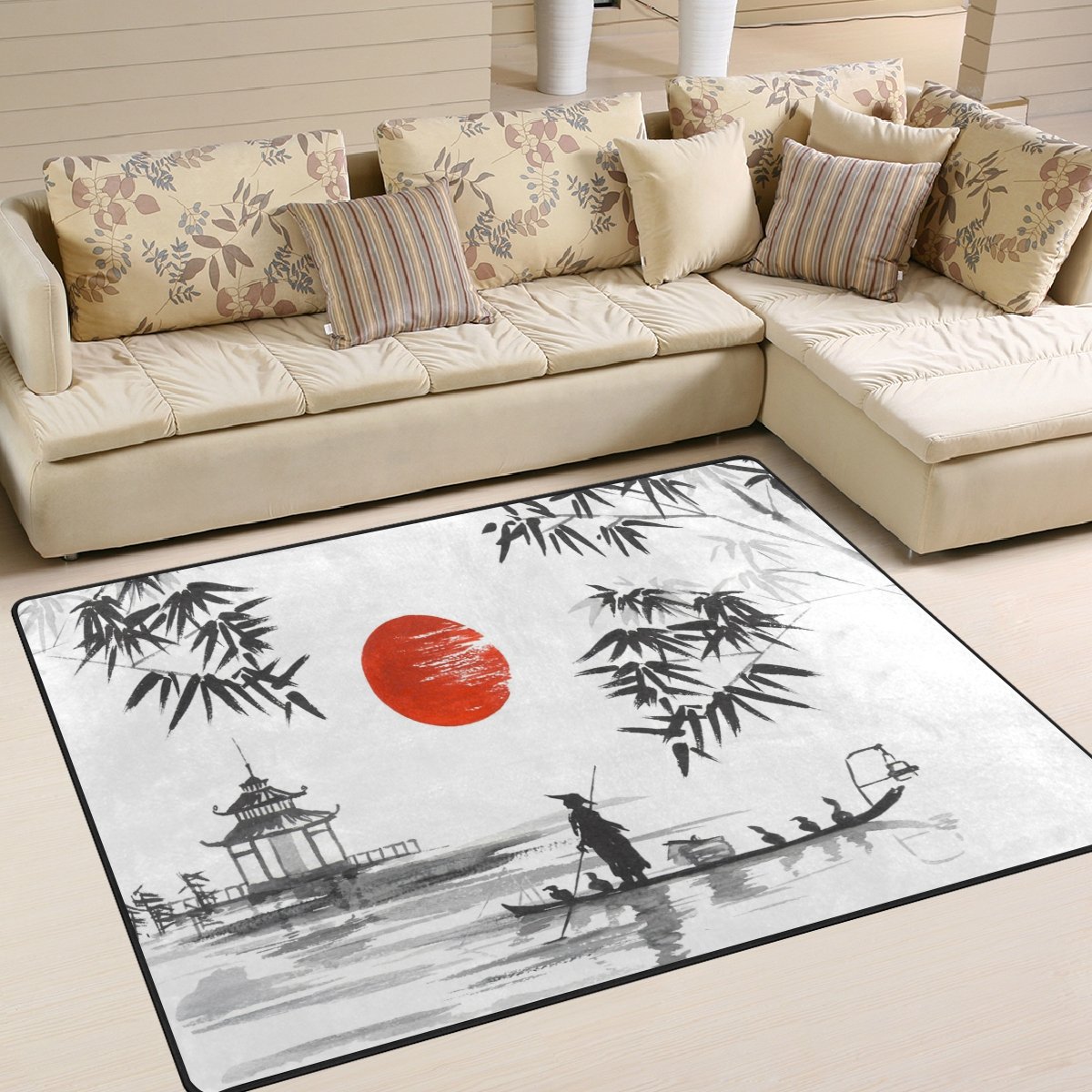 Use7 Traditioneller japanischer Teppich, Motiv: Berg, Bambus, Sonne, Landschaft, Natur, Textil, Mehrfarbig, 203cm x 147.3cm(7 x 5 feet)