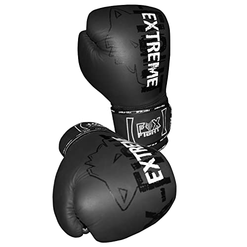 FOX-FIGHT Extreme Boxhandschuhe professionelle hochwertige Premium Qualität aus echtem Leder Sandsack Training Sparring Muay Thai Kickbox Freefight Kampfsport BJJ Gloves 12 OZ schwarz/Weiss