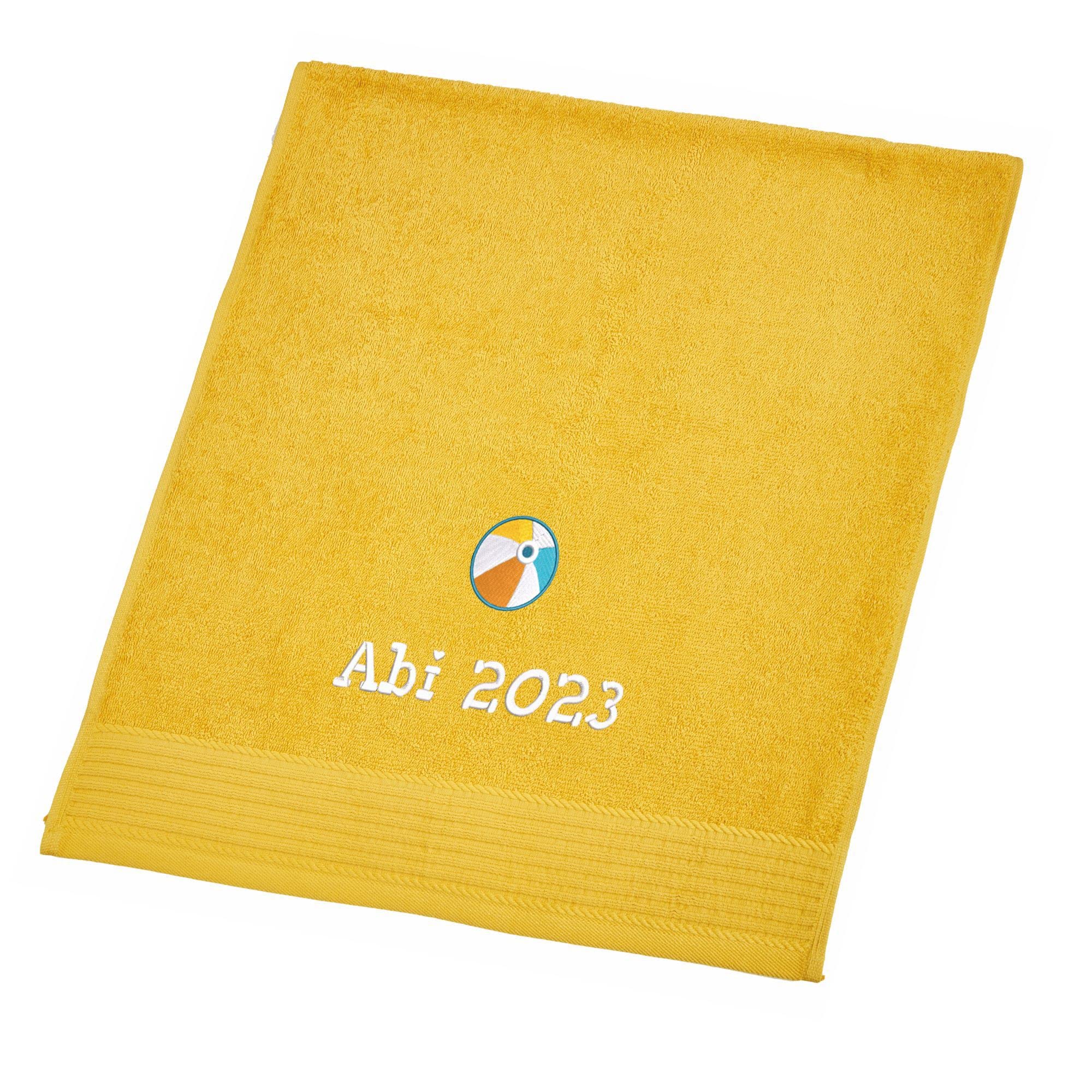 Wolimbo Duschhandtuch Bestickt mit Namen und Motiv - 70x140 cm - gelb - weiches Duschtuch personalisiert - Geschenk