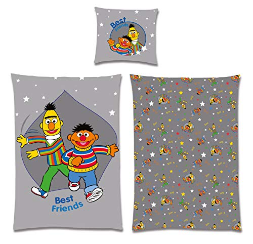 Sesamstrasse Bettwäsche 200 x 135, 80 x 80, 100% Baumwolle, 60 Grad waschbar, Ernie und Bert mit Sternen