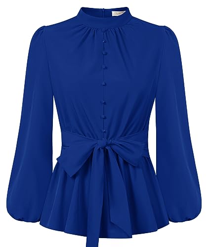 Belle Poque Damen Bluse Laternenärmel Stehkragen mit Schleife Oberteile mit Rüschen Tops Vintage Blau XL