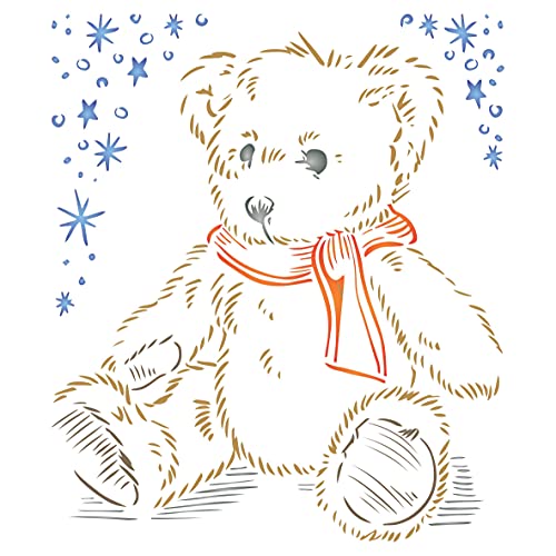 Teddybär-Schablone, 24,5 x 24,5 cm (L) – flauschiger Tatty Scruffy Teddy-Schal, Sterne, Kinder-Design, großes Kinderzimmer, Schablonen für Malvorlage