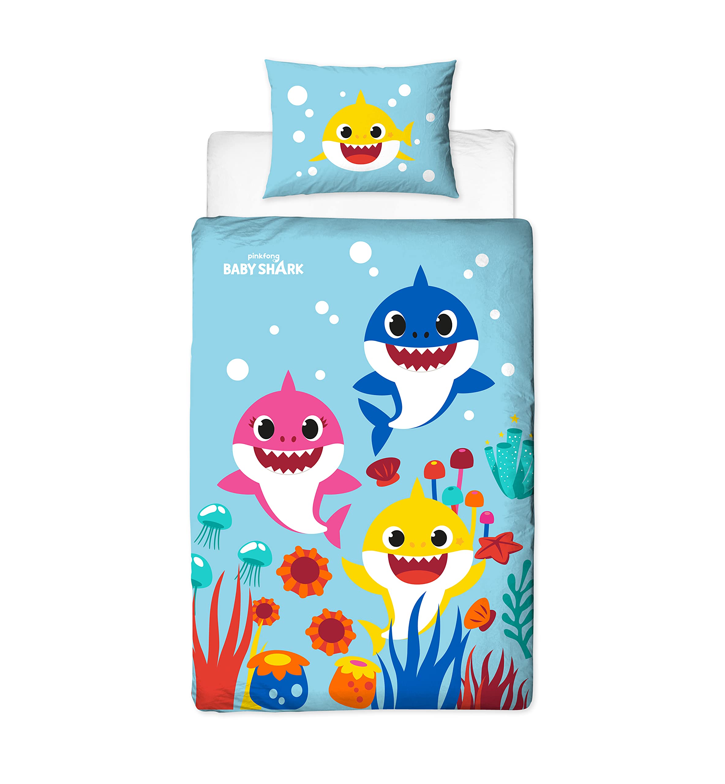Baby Shark Bettbezug für Einzelbett, offizielles Lizenzprodukt, wendbar, 2-seitiges Regenbogen-Design mit passendem Kissenbezug, Polycotton
