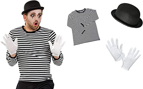KarnevalsTeufel Kostüm-Set Pantomime, 5 TLG. Zirkusclown Harlekin Straßenkünstler Shirt Schminke Handschuhe Hut Kostüm-Bundle Komplettset (XX-Large)