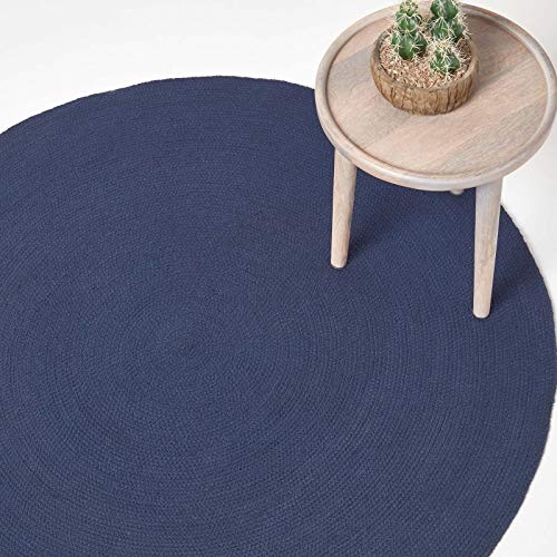 Homescapes runder Teppich 150 cm, dunkelblau, geflochtener Bettvorleger aus Baumwolle, Wendeteppich, handgewebter Retro-Teppich, blau
