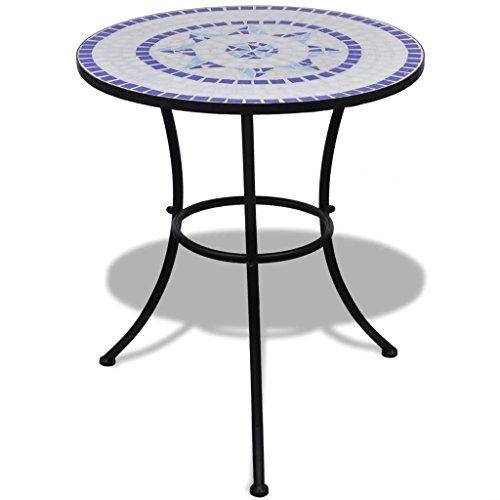Tidyard Tisch Mosaiktisch Gartentisch Bistrotisch Balkontisch mit Eisenrahmen, Blau+Wei?, Rund, 60 x 70 cm (? x H)