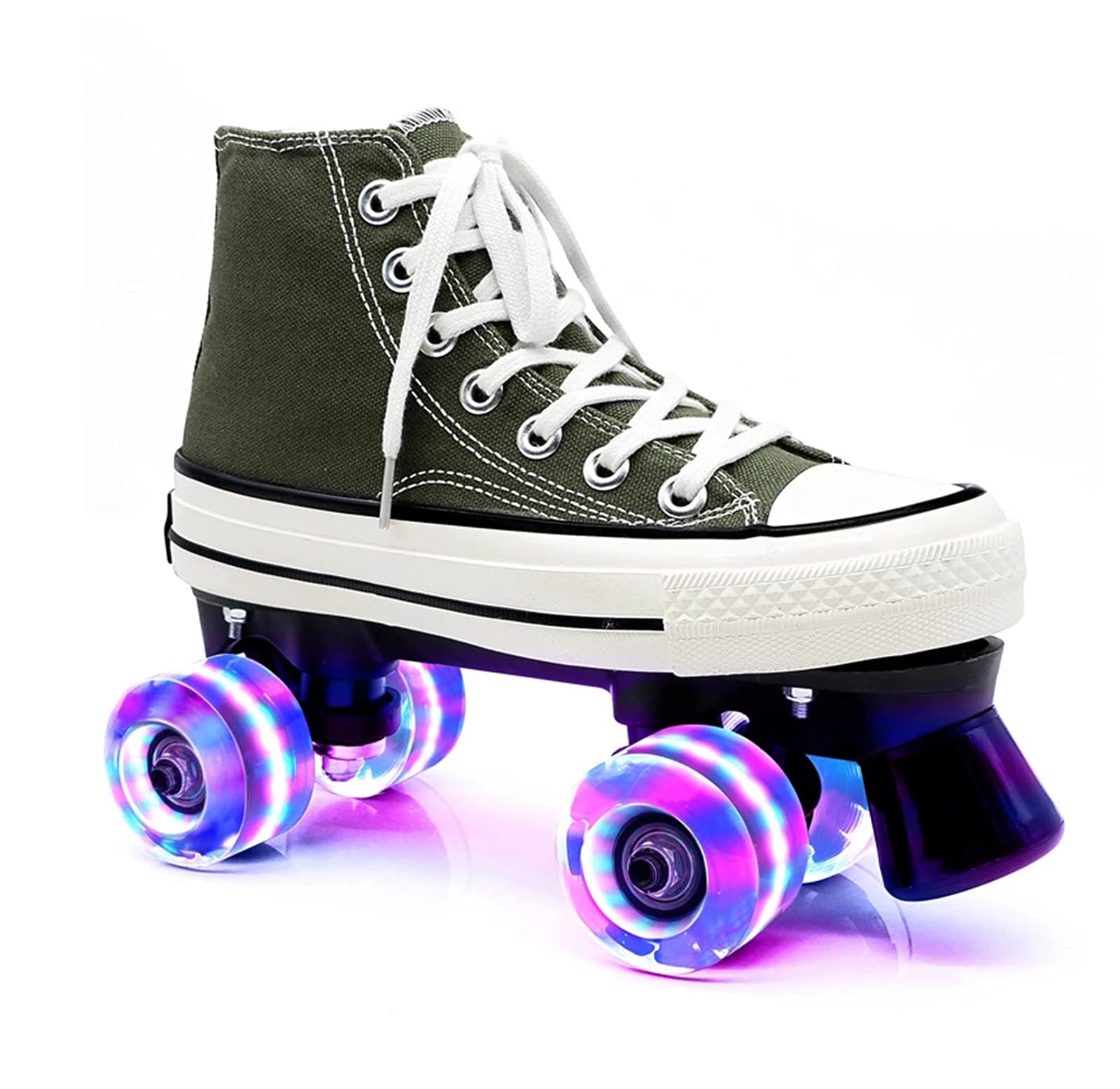 Rollschuhe für Damen und Herren, Discoroller Erwachsene komfortable LED Rollerskates Quad Skating Outdoor für Mädchen und Jungen,Grün,43 WOERD