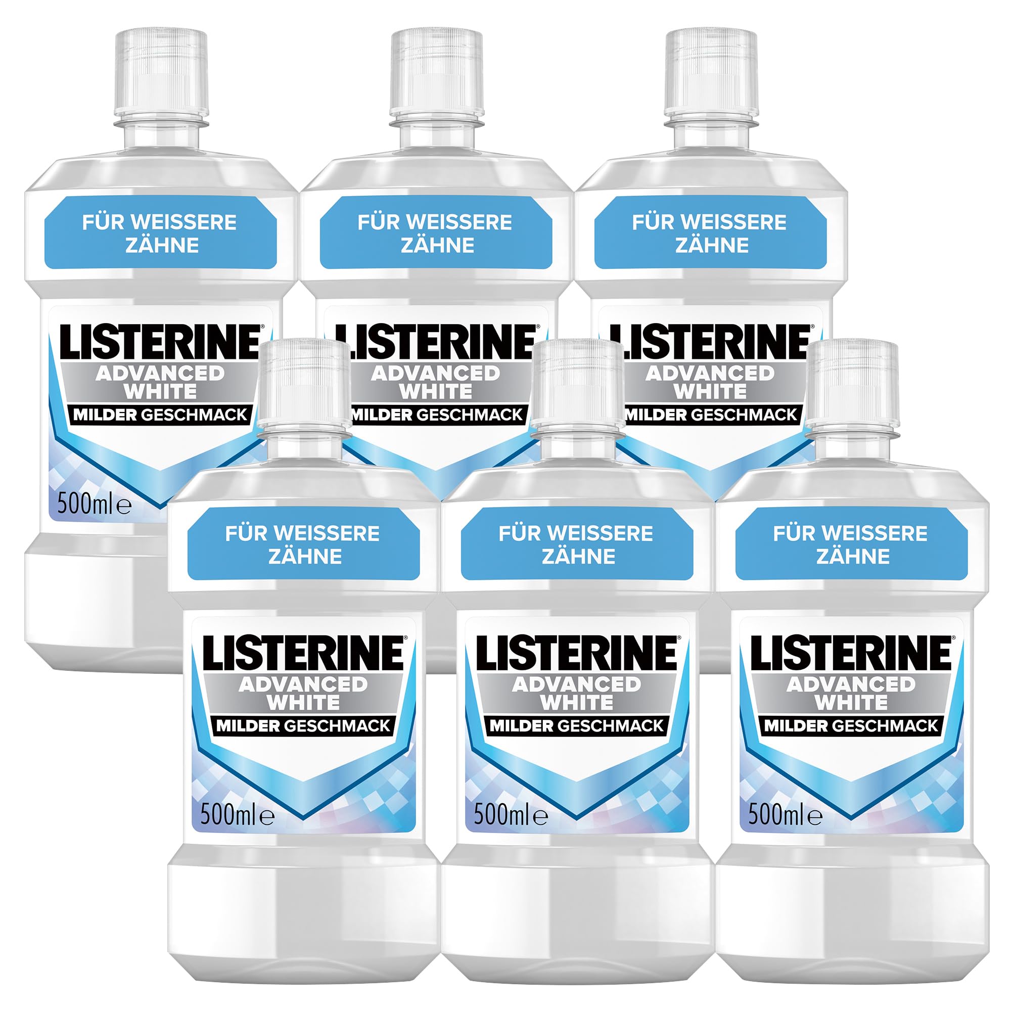 LISTERINE Advanced White milder Geschmack (6 x 500 ml), Antibakteriell Mundspülung zur Entfernung hartnäckiger Zahnverfärbungen, für weißere Zähne in nur 1 Woche