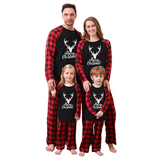 ZOEREA Weihnachten Familie Schlafanzug Outfit Elch Rotes Kariertes Nachtwäsche Herren Damen Kiner Baby Lang Pyjamas Set