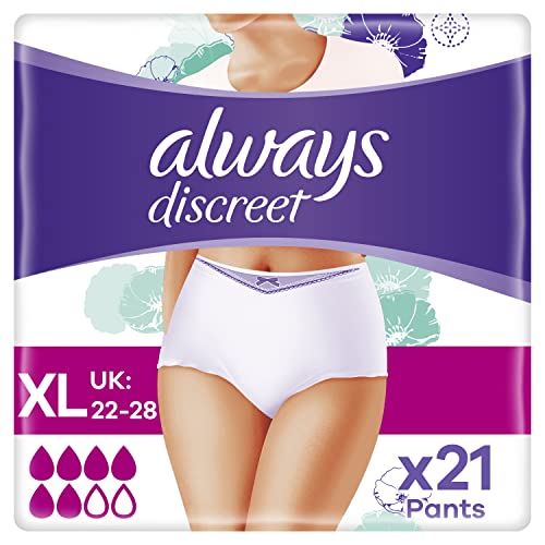 Always Diskrete Inkontinenzhose für Damen, Größe XL, hohe Saugfähigkeit, plus 21 Hosen (7 x 3 Packungen), Geruchsneutralisator, vollständiger Schutz, für empfindliche Blase, Verpackung kann variieren