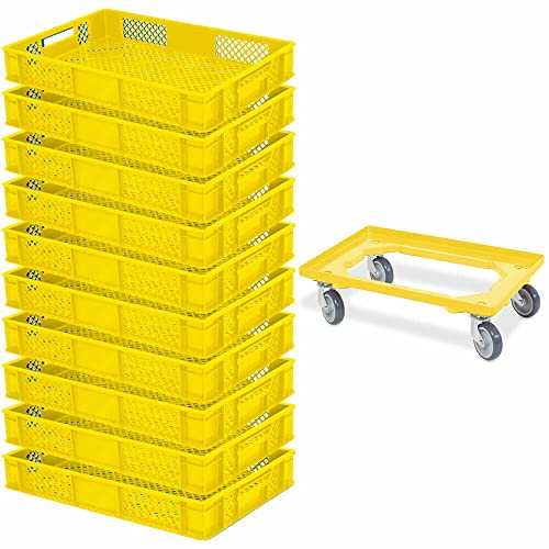 10 Eurobehälter, LxBxH 600x400x90 mm, Industriequalität, lebensmittelecht + 1 Transportroller, gelb