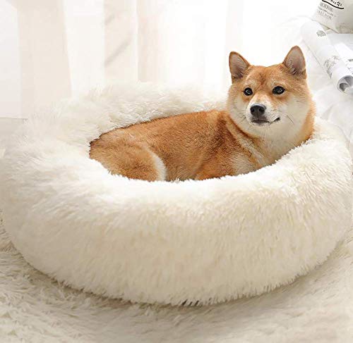WYJW Gemütliches Hundebett Kunstpelz Donut Cuddler Soft Comfort Hundehaustiersofa Luxuriöses abnehmbares großes Hundenestbett Rutschfestes Hundebett, maschinenwaschbar, weiß, 100 cm