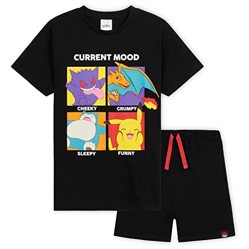 Pokemon Schlafanzug Kinder Jungen Teenager Atmungsaktive Nachtwäsche T-Shirt und Shorts Summer Pyjama Set für Jungen Pikachu Loungewear Geschenke (Schwarz, 9-10 Jahre)