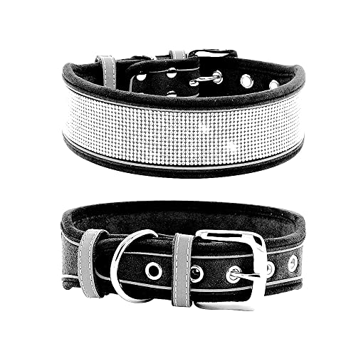 Strass-Hundehalsband, schillernd, weich, Wildleder, reflektierend, groß, Kristall-Diamant-Halsband für mittelgroße und große Hunde (L: 48,3–58,4 cm, schwarz)