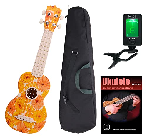 Classic Cantabile BeachBuddy "Beachflower" Sopran Ukulele SET inkl. Tuner und Noten (Uke, Hawaii Gitarre, Kunststoff, 12 Bünde, Outdoor & Strand tauglich, Stimmgerät, Schule)