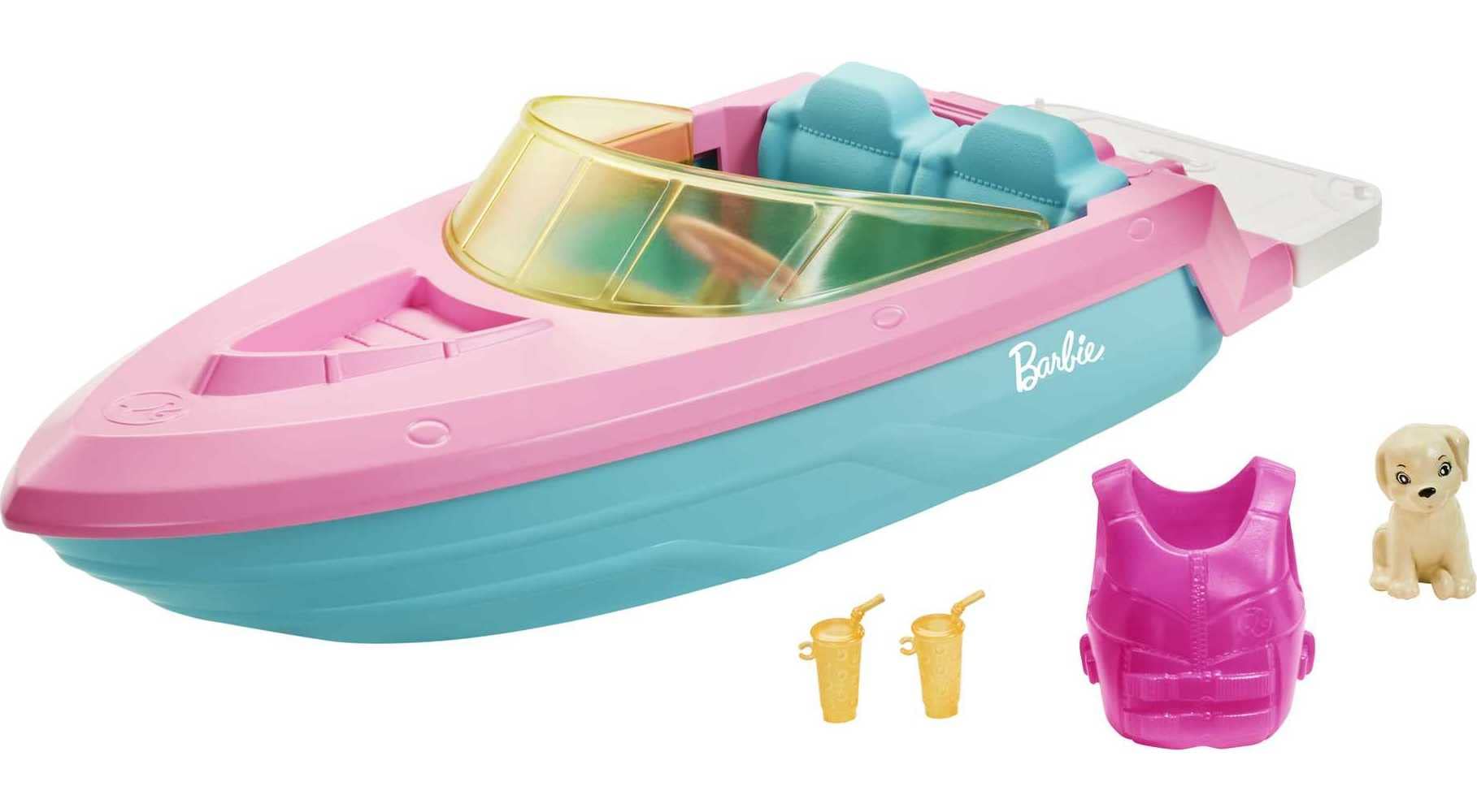 Barbie Speedboat, rosa Schwimmweste, rosa, blaues und weißes Boot, Welpe, Accessoires, Puppen, Geschenk für Kinder, Spielzeug ab 3 Jahre,GRG29