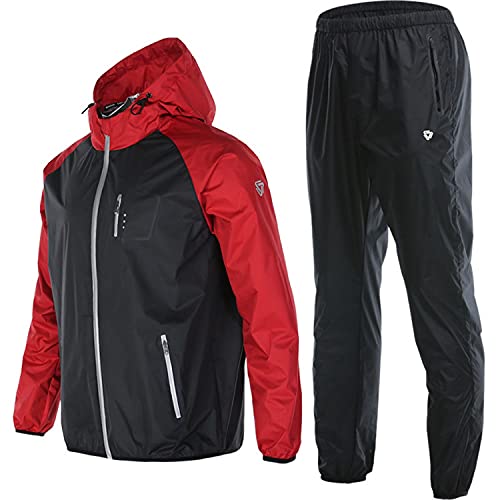 scosao Saunaanzüge Schwitzanzug Herren zum Abnehmen, Schwitzjacke & Sauna Hosen Set Fitnessanzug Schweiß Anzug mit Reißverschluss Fatburner Abnehmen Shapewear,Red Tops and Pants,Large