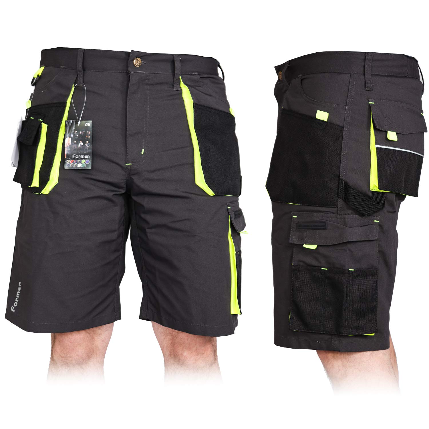 Kurze Arbeitshose für Herren, Bermuda Shorts Sommerhose Sicherheitshose Schutzhose Arbeitsbekleidung Sommer, Grau-Schwarz-Gelb, XXXL