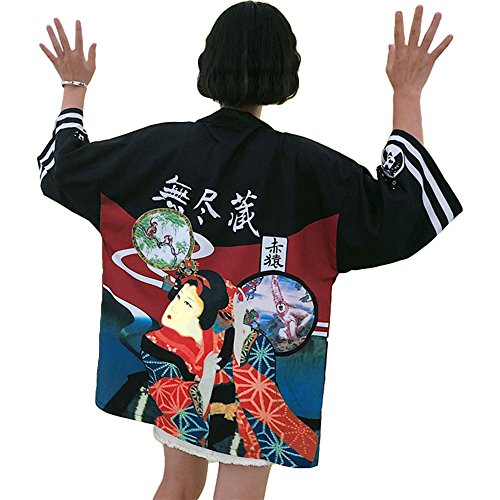 Japanischer Kimono Kleid Strickjacke - Traditionelle Klassische Haori Kleidung Tokio Harajuku Antike Stile Lockere Jacke Robe Kostüm Bademantel Nachtwäsche Mädchen Frauen - Geisha (Schwarz)
