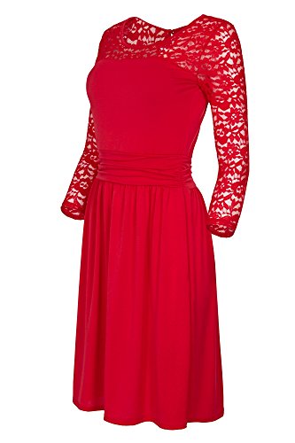 Laeticia Dreams Damen Kleid mit Spitze Knielang Langarm S M L XL, Farbe:Rot;Größe:40 / L