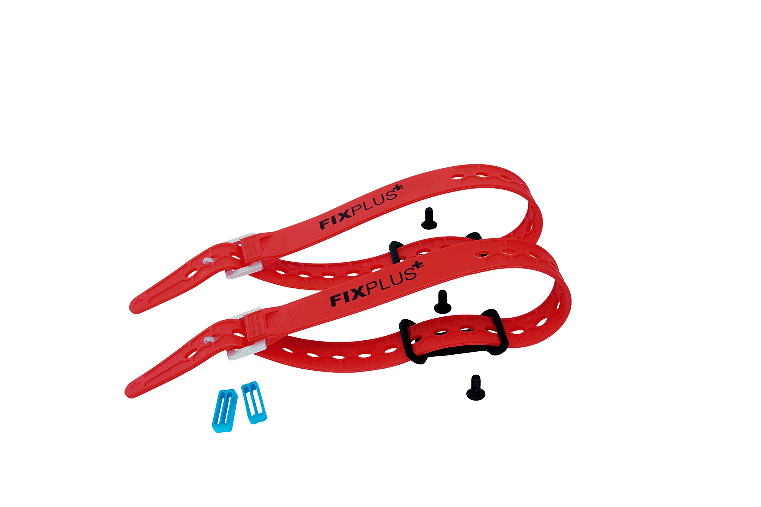Fixplus Gear Tightener Set 46cm - Ladungsbefestigung am Fahrrad für große Teile – Zwei Aluminium Halter inkl. Schrauben + Zwei Spannbänder 46cm Länge (rot) und Zwei Strapkeeper (blau)